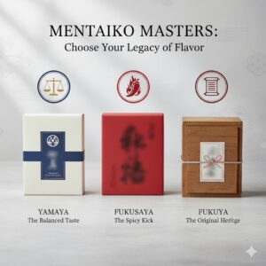 やまや、福さ屋、ふくやの三大ブランドを、それぞれの特徴(バランス、辛さ、元祖)とともに紹介。