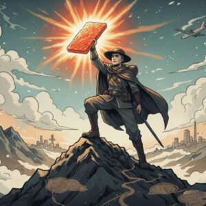 宝探しを終え、究極の一本を見つけ出した「明太子ハンター」が勝利を収めるイメージ。