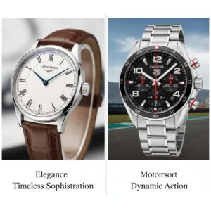 エレガンスと伝統のロンジン、モータースポーツと前衛性のタグ・ホイヤーという、2つのブランドの明確なイメージとデザインの特徴比較。