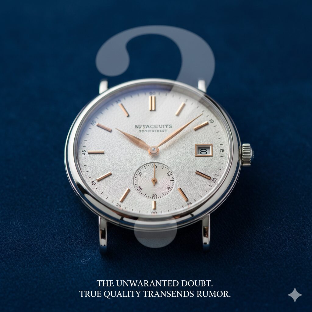 エレガントでクラシックなデザインの高級腕時計（ロンジンを連想させる）と、「恥ずかしい」というネガティブな誤解のシンボル。