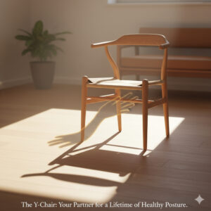 Yチェアが単なる道具ではなく、使用者を正しい姿勢へ導く生涯の「相棒」であることを象徴。