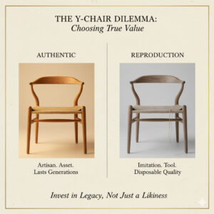 本物（正規品）のYチェアと、リプロダクト品や安価な類似品を対比させ、品質と哲学の違いを強調。