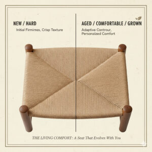 新品の硬いペーパーコードから、使用者の体に馴染んでたわみが生まれる、座面が育つ過程。