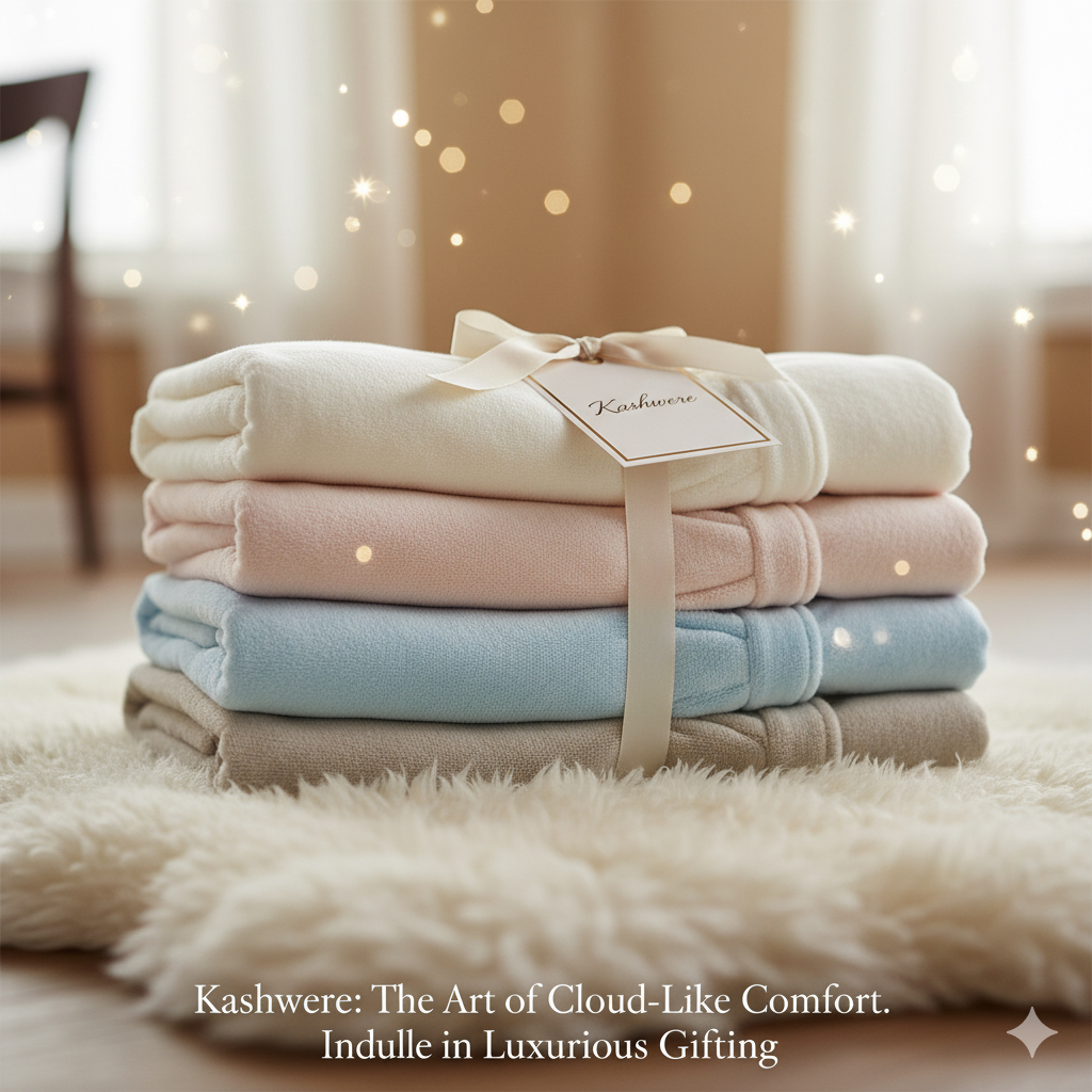 クリーム、ブルー、ピンク、グレージュなど、人気の色を取り混ぜて重ねられた、カシウェアブランケットの究極に柔らかな質感。