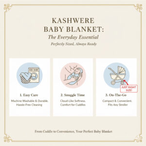 洗濯のコツ（ネット使用、柔軟剤NG）と、最も長く使える「ベビーブランケットサイズ」（おくるみ・ベビーカーに最適）の選び方。