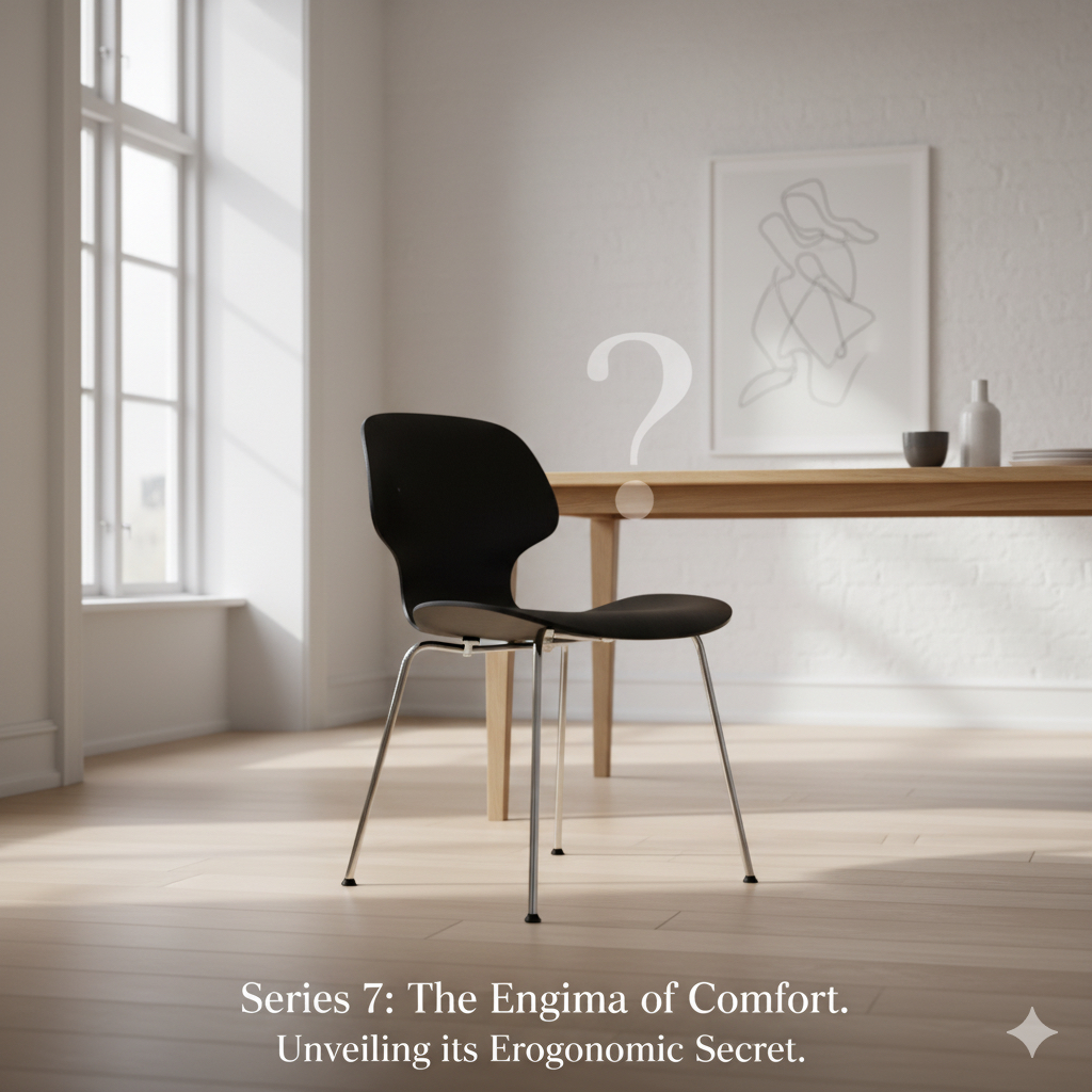 流れるような曲線が美しいセブンチェア（3107）のフォルム。座り心地が悪いという誤解を解く。