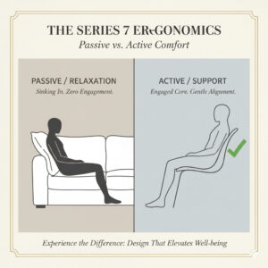 ソファのような受動的なリラックスではなく、活動的な姿勢を支え、サポートするためのセブンチェアの設計思想。