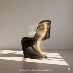 セブンチェアが単なる家具ではなく、使用者に「美しく座ること」を教え、「姿勢」と「暮らしの質」をデザインする生涯のパートナーであることを象徴。