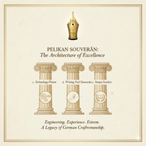 ピストン吸入式、卓越した書き味、知性のステータスという、ペリカンが「万年筆の王様」と呼ばれる3つの価値。