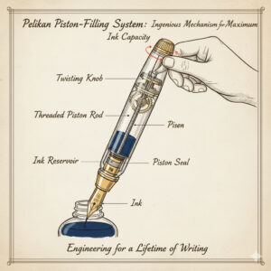 ペリカンの万年筆に革新をもたらした、インクを効率よく大量に吸入できる「ピストン吸入式」の機構図。