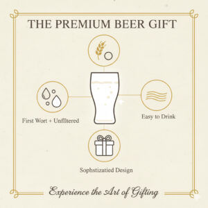 一番搾りホワイトビールがギフトに選ばれる3つの理由（一番搾り製法と無濾過製法、圧倒的な飲みやすさ、洗練されたデザイン）を象徴するアイコンを配置した図。