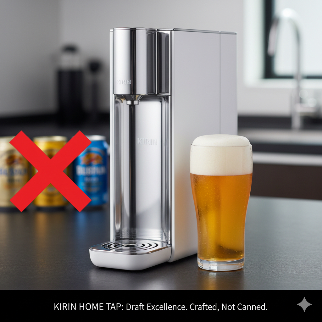 キリンホームタップのサーバーと、缶ビールには入れられないというメッセージを視覚的に伝えるイメージ。