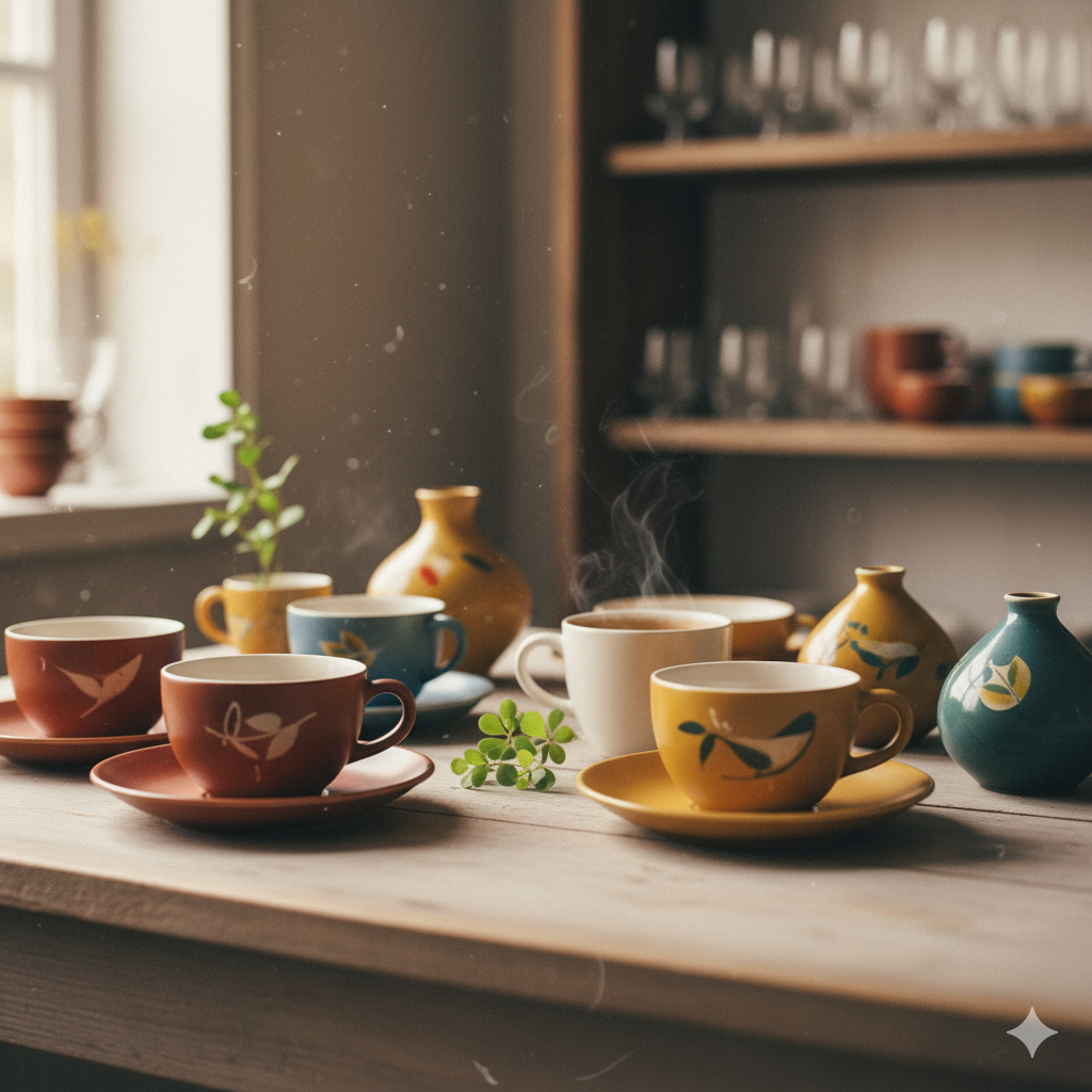 ノールランドで見つける、手描きの模様や温かい色合いが特徴的な北欧ヴィンテージの食器と雑貨のコレクション。