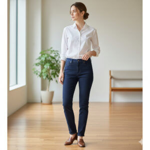 デニムを上質なボトムスとして扱い、ハリのある白シャツやパンプスと合わせて「きれいめ」に振る大人の着こなし術。