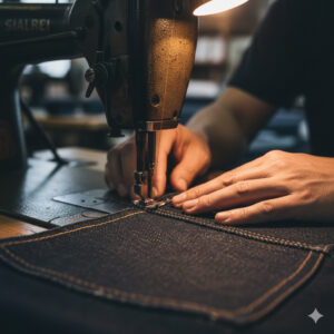 世界的なデニムの聖地、岡山県倉敷市児島で、熟練の職人による一本一本丁寧な縫製・加工が行われている様子。