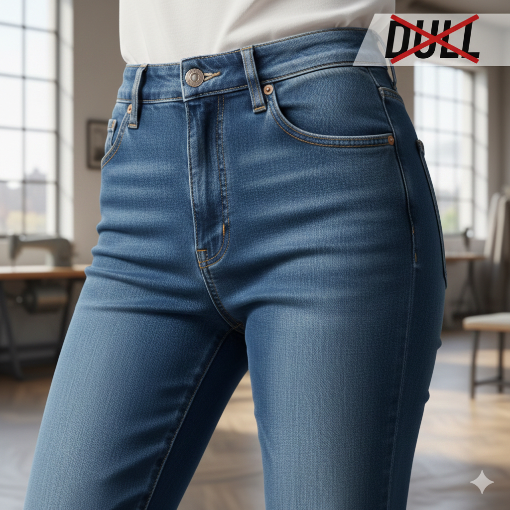 美しいヒップラインと脚のシルエットを強調した、高品質な国産デニムのクローズアップ。