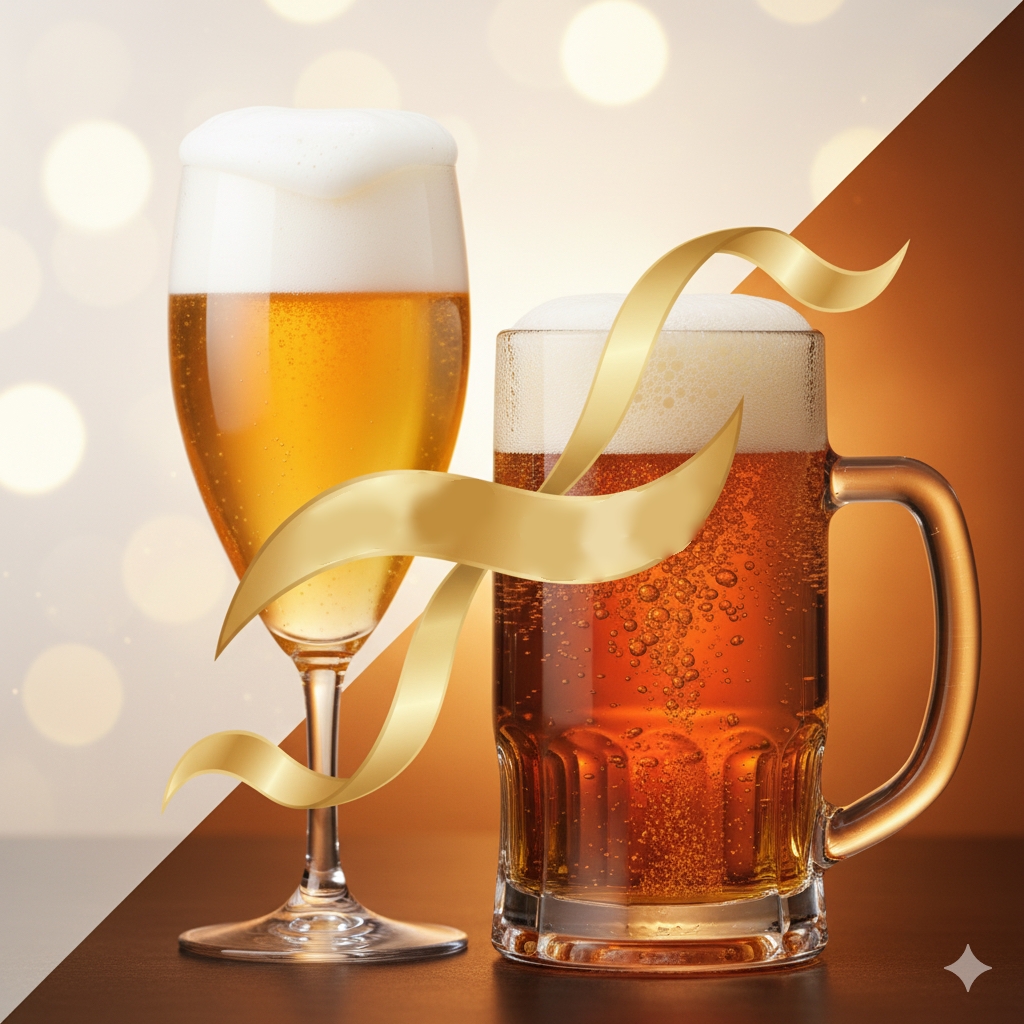 キリンの一番搾りホワイトビールが持つ「特別感」と「安心感」を象徴的に表現したイラスト。白く上品なビールと、通常のラガービールを対比させ、ギフトに最適な高級感を演出。