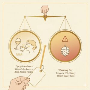 百貨店員が教える、一番搾りホワイトビールを「贈るべき相手」（ワインや日本酒好き）と、「一言添えるべき相手」（苦味の強いビール好き）を対比させ、ギフト選びの最適解と注意点を示すイラスト。