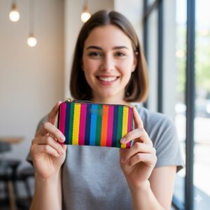 20代はマルチストライプを前面に出したデザインでもOK。名刺入れやキーケースなど、小物で個性を楽しむスタイル。