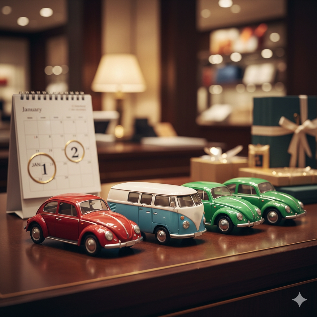 フォルクスワーゲンのビートルとバスをモチーフにしたモロゾフのバレンタイン限定チョコレート缶のコレクション。