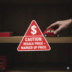 人気の限定品は再入荷がないため「後で買う」のは禁物であることと、ネット上の転売価格に注意を促すメッセージ。