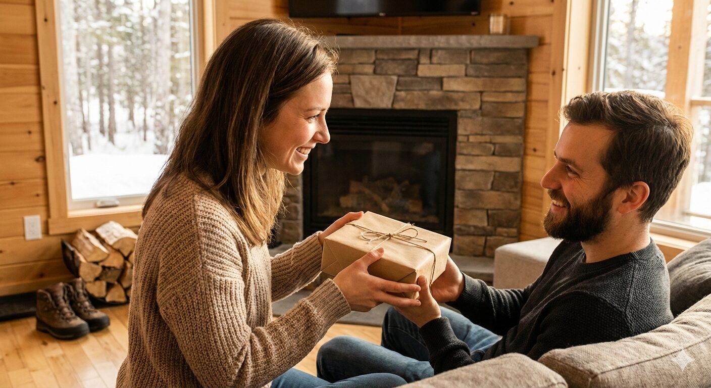 夫や彼氏へパタゴニアをプレゼントするシーン。アウトドア好きの男性に喜ばれる上質なギフト。