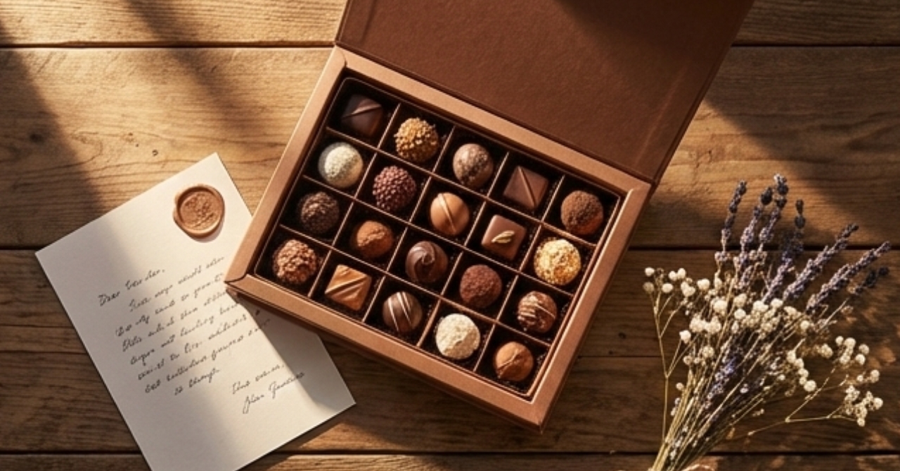 おしゃれな市販のバレンタインチョコと手書きのメッセージカード。本命ギフトにふさわしい上質な雰囲気。