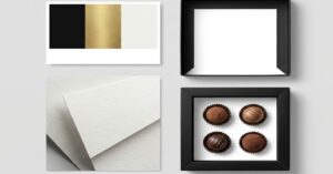 高見えするパッケージの3つの条件(色数・質感・余白)を説明するデザインパーツ。