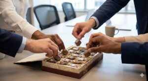 個包装のチョコレートを皆で分け合うことで、職場に気兼ねなく感謝を伝える様子。