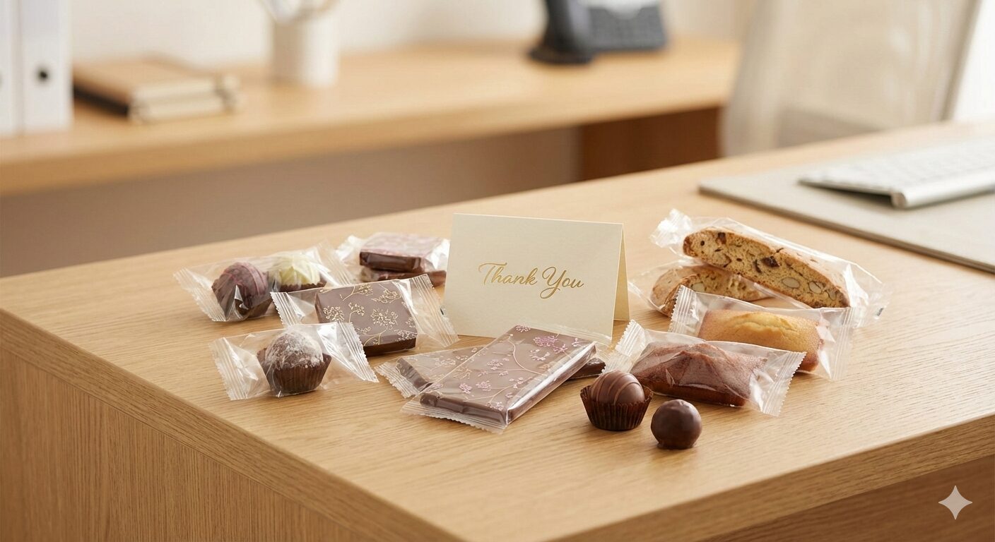 職場で配るバレンタインの義理チョコ。個包装された上品なチョコレートと焼き菓子。