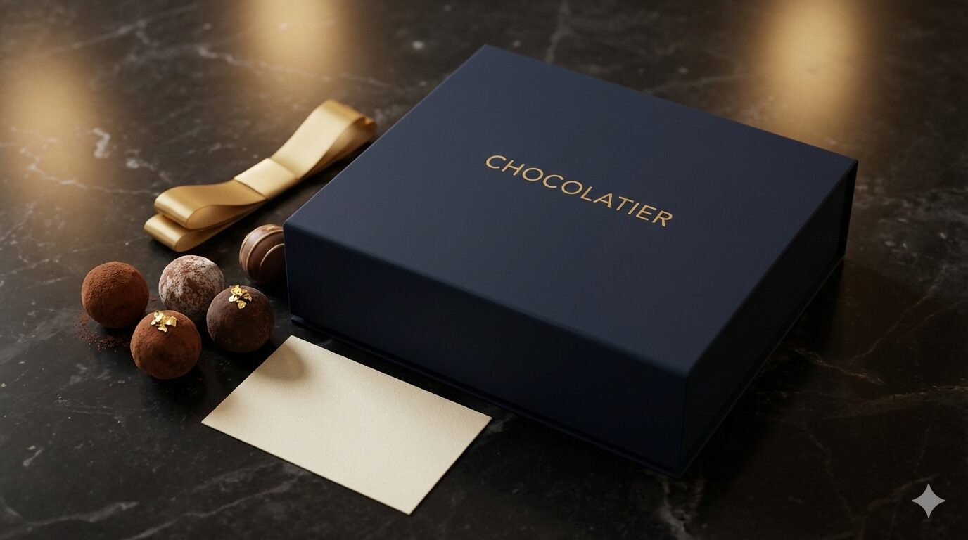 マットな質感の箱に入った高級感のあるバレンタインチョコレート。1000円以下でも高見えする選び方のイメージ。