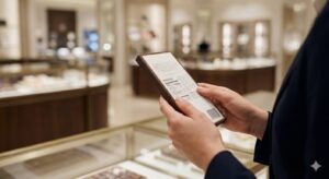 チョコレートのパッケージ裏面にある原材料表示を丁寧に確認する様子。