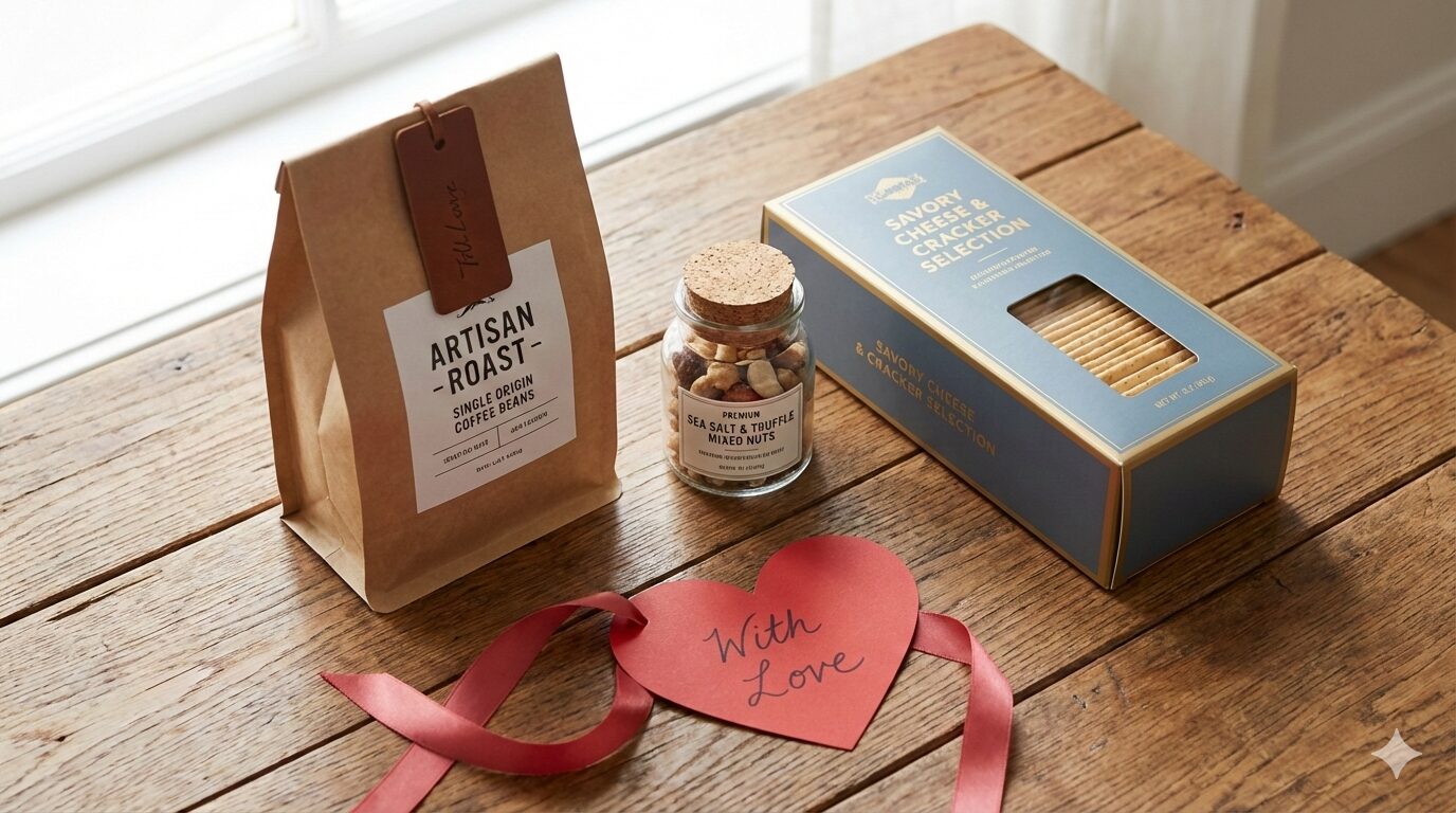 バレンタインのチョコ以外のギフト。コーヒー、ナッツ、チーズクッキーなどが並ぶおしゃれなテーブル。