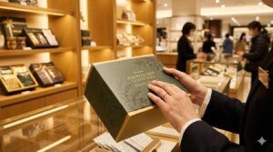 百貨店で相手の好みを考えながらコーヒーギフトを選ぶ様子。