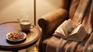 コーヒーとおつまみのナッツでリラックスタイムを楽しむシーン。