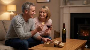 晩酌の際、プレゼントのナッツやおつまみを喜ぶ夫婦の和やかな風景。