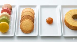 ホワイトデーのお返しの定番スイーツ（マカロン、クッキー、キャンディー、バウムクーヘン）の盛り合わせ。