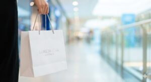 百貨店で自信を持って選んだホワイトデーのギフトバッグを持つ様子。