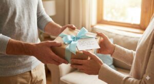 大切な人へメッセージカードを添えたホワイトデーのギフトを手渡すシーン。