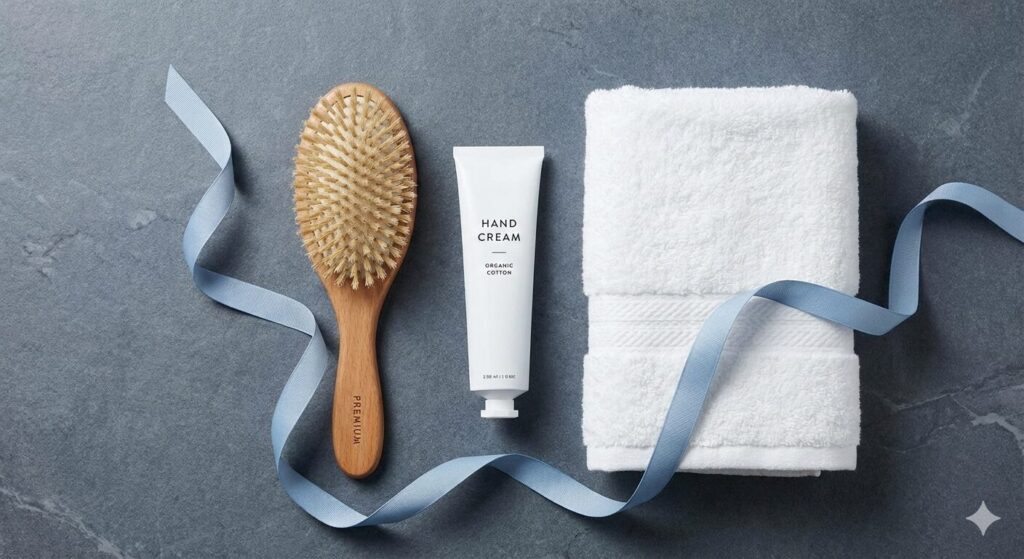ホワイトデーにおすすめのハンドクリーム、ヘアブラシ、高級タオルのセット。