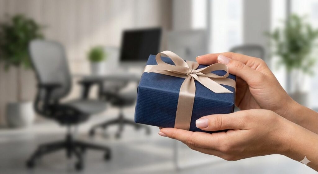 職場でのマナーを守った、派手すぎず品のあるラッピングの小さなギフトボックス。