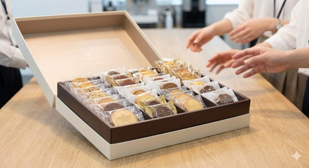 オフィスの共有スペースに置かれた、個包装のクッキーがたくさん入った詰め合わせボックス。