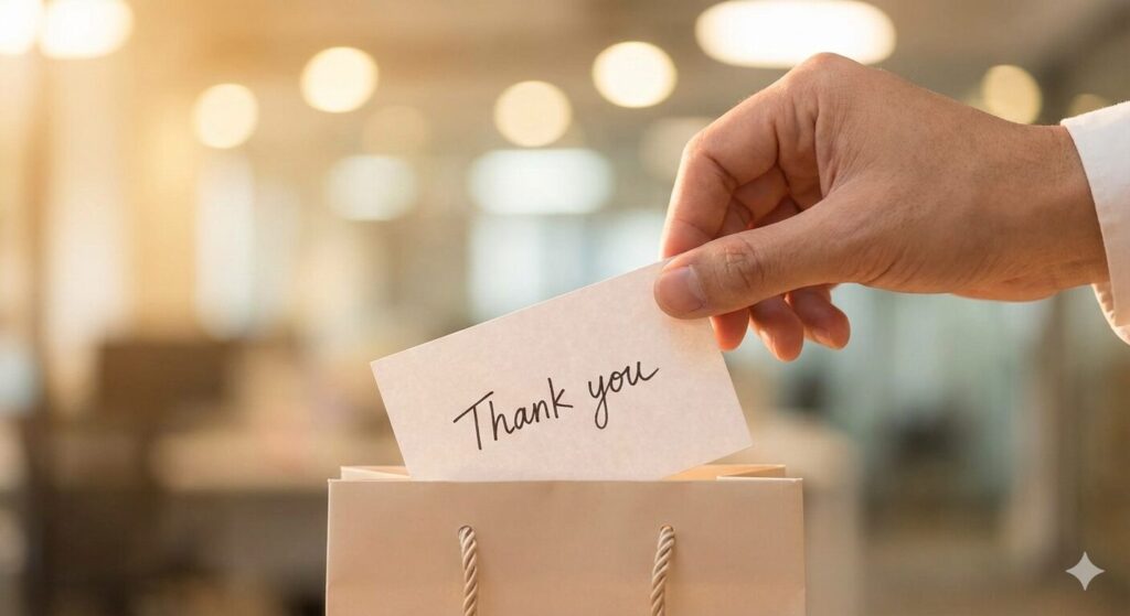 感謝の付箋が添えられた、品のあるホワイトデーのギフトバッグ。