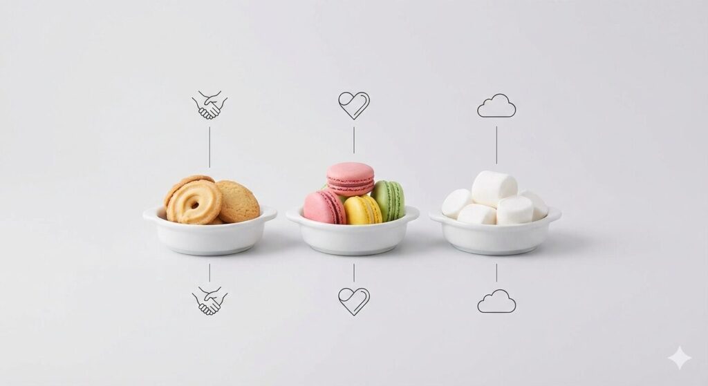 クッキー、マカロン、マシュマロの比較。お返しの意味を意識したセレクトのイメージ。