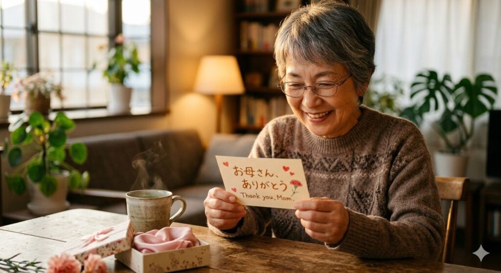 「ありがとう」のメッセージカードを見て微笑むお母様の幸せそうな表情。