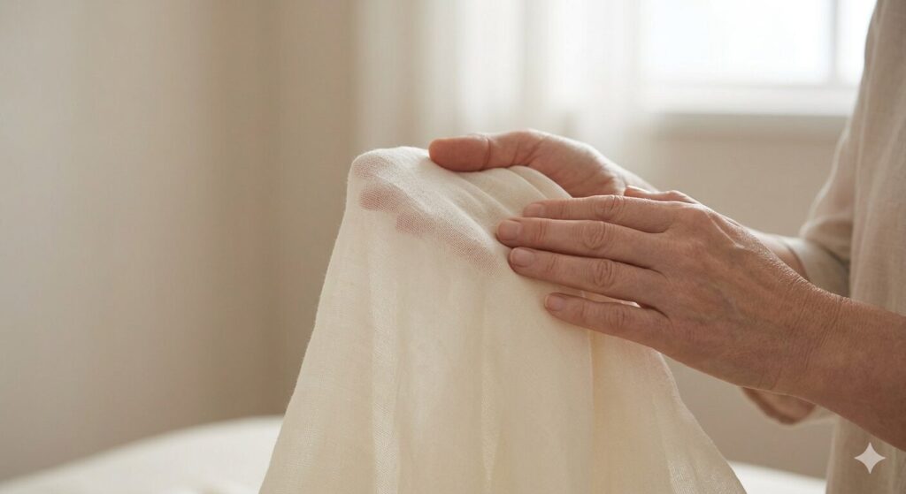 肌触りの良いシルクやガーゼ素材に優しく触れる手のクローズアップ。