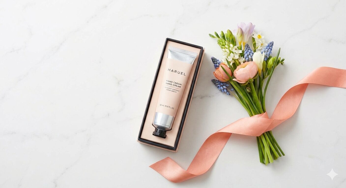 ホワイトデーのギフトとして贈られる、高級感のあるハンドクリームとおしゃれな花束のセット。