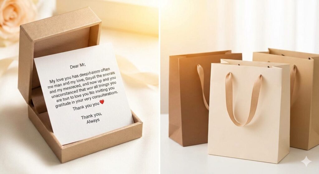 本命向けの特別なギフトラッピングと、職場向けの丁寧な個別包装の対比イメージ。