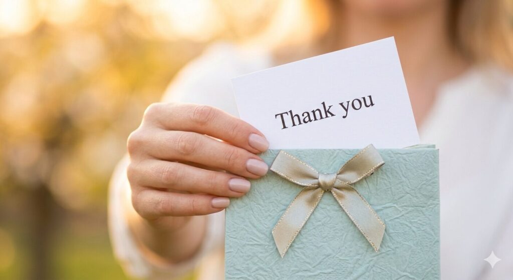 感謝の気持ちを込めたメッセージを添えて、ホワイトデーのギフトを手渡す瞬間。