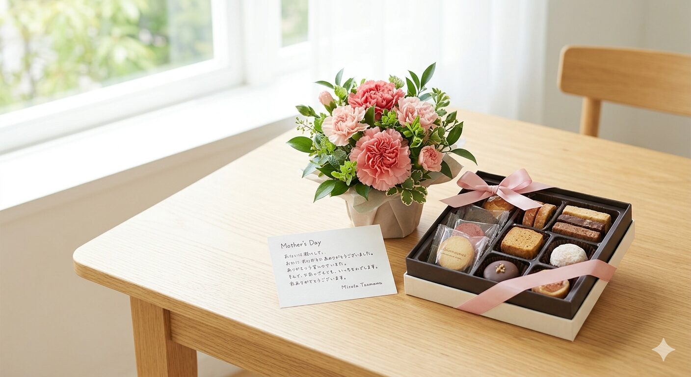 母の日のプレゼントに喜ばれる、上品なアレンジメントフラワーと高級焼き菓子の詰め合わせ。